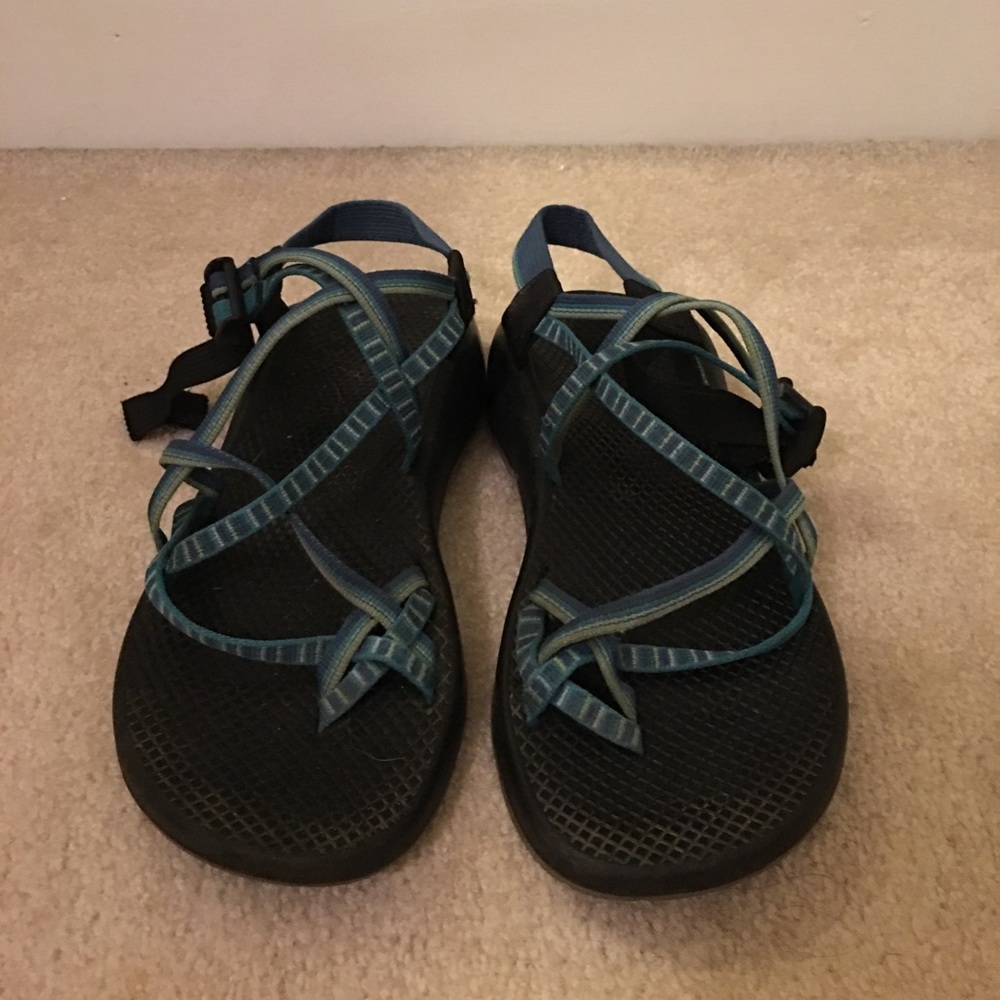 Green/blue double strap with toe chacos